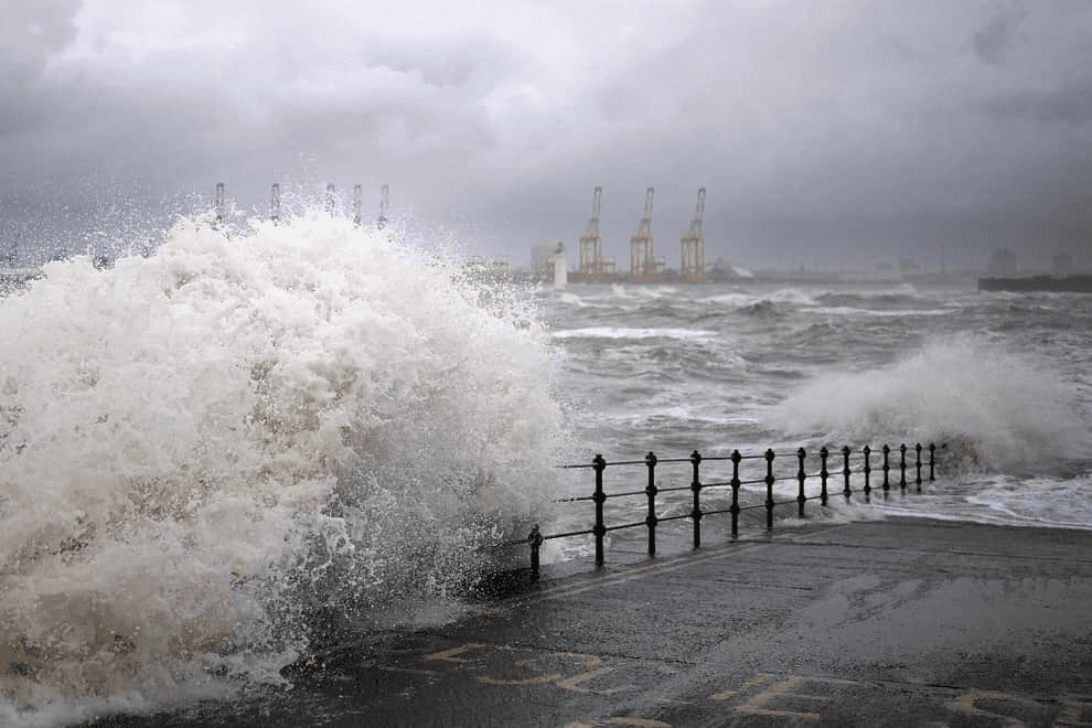 A satellite image showing weather patterns over the UK, highlighting the Merseyside region.